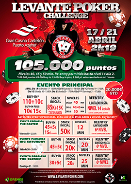 El Gran Casino Castellón recibe en Semana Santa la etapa especial del Levante Poker Challenge 2K19