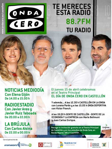 LOS PROGRAMAS DE ONDA CERO, NOTICIAS MEDIODÍA, RADIOESTADIO Y LA BRÚJULA SE EMITIRÁN EL JUEVES 15 DE ABRIL DESDE EL TEATRO PRINCIPAL DE CASTELLÓN