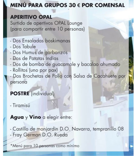 opal lounge grao de castellon menu para grupos