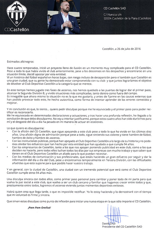 El presidente del club deportivo Castellón, David Cruz, pide disculpas públicas 