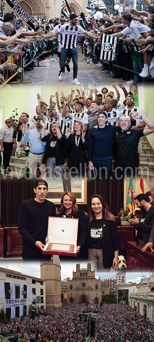 El Ayuntamiento de Castellón y la Plaza Mayor se convierten en epicentro del albinegrismo en la fiesta del ascenso a Segunda División 
