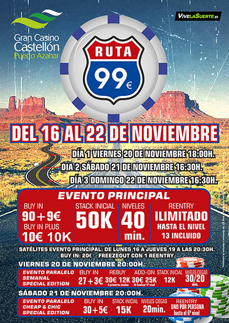 El torneo Ruta 99 de noviembre comienza el viernes 20 en el Gran Casino Castellón