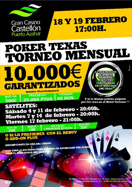 El V gran torneo mensual Gran Casino Castellón de febrero tendrá lugar este fin de semana El V gran torneo mensual Gran Casino Castellón de febrero tendrá lugar este fin de semana
