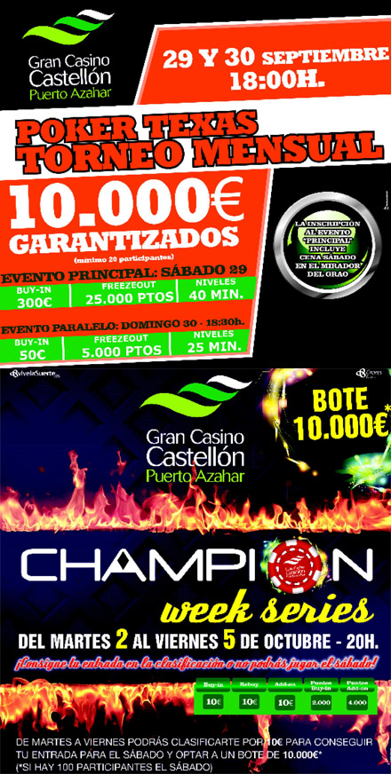 Dos grandes eventos en el Gran Casino Castellón para acabar septiembre y comenzar octubre: el XI Gran torneo mensual y la CWS