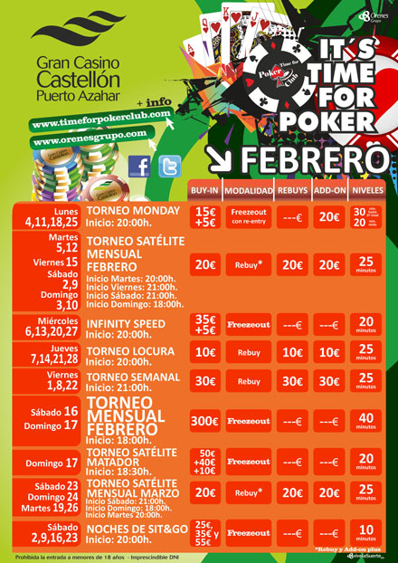 En febrero novedades en el Gran Casino Castellón, el  torneo semanal mejora su estructura y el mensual cambia de fechas 