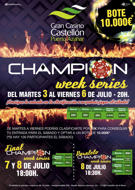  Julio arranca con la Champion Week series de poker en el Gran Casino Castellón