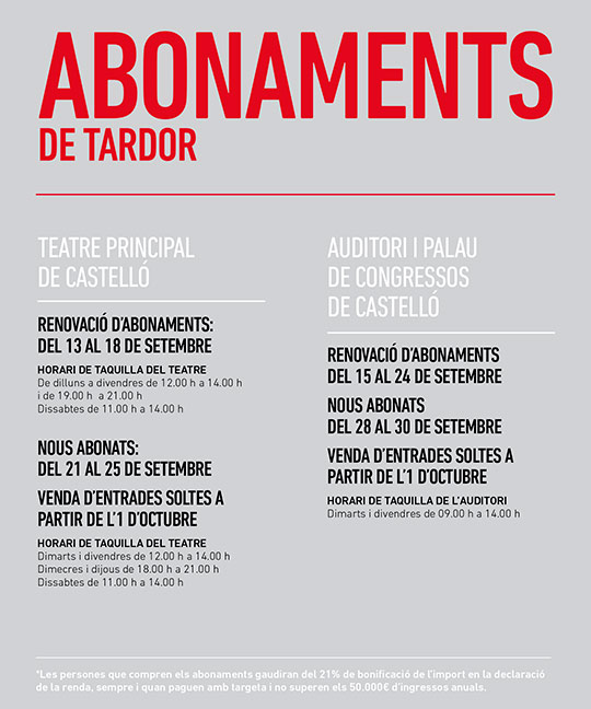 Abonos del Teatro Principal y del Auditorio y Palacio de Congresos de Castelló Abonos del Teatro Principal y del Auditorio y Palacio de Congresos de Castelló