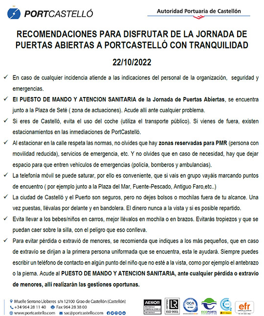 Jornada de Puertas Abiertas PortCastelló, sábado 22 de octubre Jornada de Puertas Abiertas PortCastelló, sábado 22 de octubre