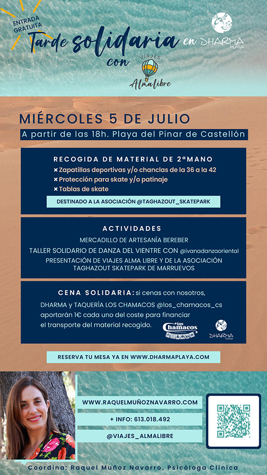 Tarde solidaria en Dharma Playa con Viajes Alma Libre y Raquel Muñoz Tarde solidaria en Dharma Playa con Viajes Alma Libre y Raquel Muñoz