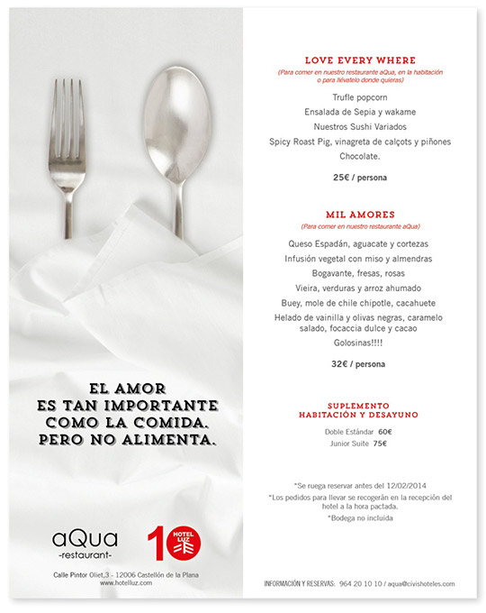 Love Everywhere & Mil Amores, menús San Valentín en aQua Restaurant Love Everywhere & Mil Amores, menús San Valentín en aQua Restaurant