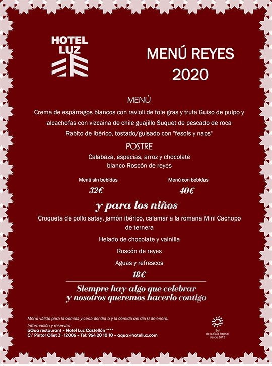 Menú Reyes 2020 en aQua Restaurant del Hotel Luz de Castellón