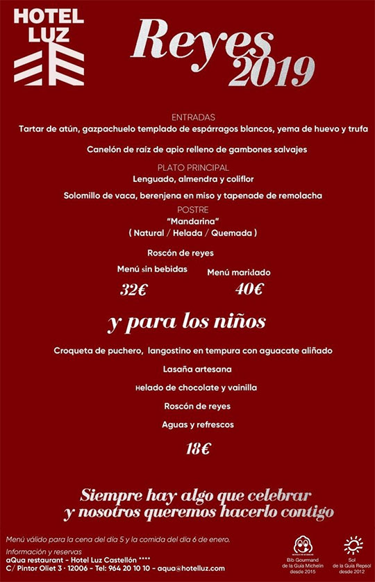 Menú de Reyes 2019 en aQua restaurant de Castellón