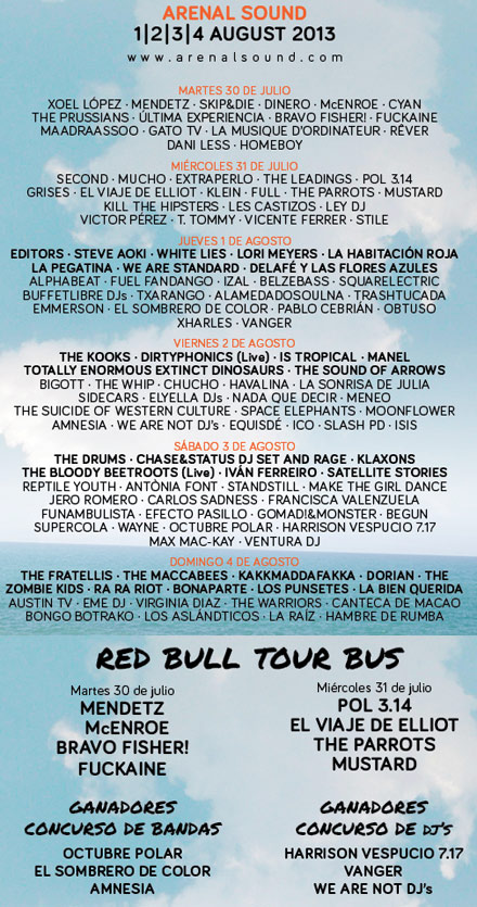 El festival Arenal Sound, cierra su cartel con las bandas que actuarán en el Red Bull Tour Bus y las bandas y Djs ganadores del concurso