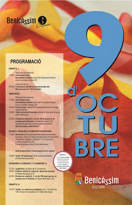 Benicàssim Cultura elabora un atractivo programa para conmemorar el 9 d´Octubre Benicàssim Cultura elabora un atractivo programa para conmemorar el 9 d´Octubre