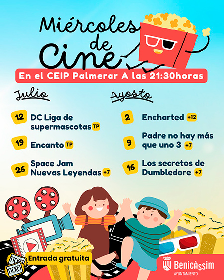 Benicàssim programa cartelera de cine  para toda la familia los miércoles  en el CEIP Palmerar