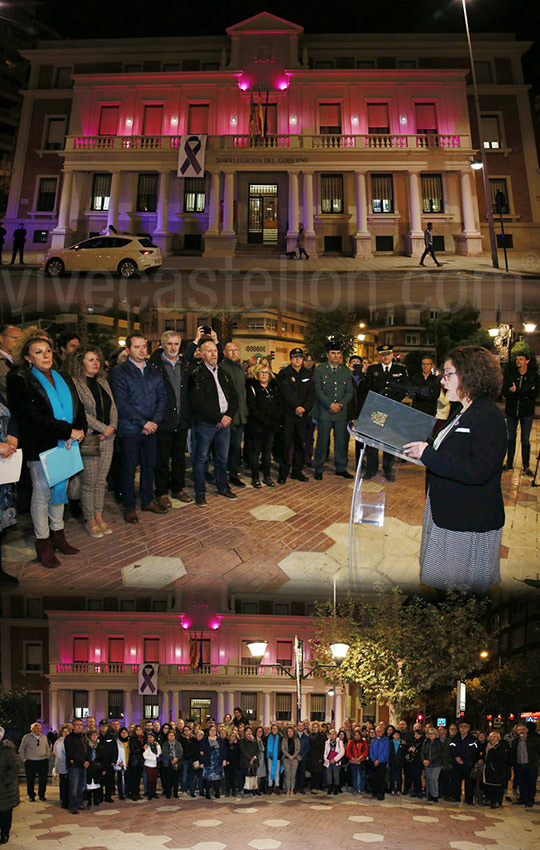 Encendido de luces violeta en la fachada de la Subdelegación del Gobierno en Castellón