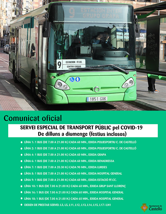 Castelló reduce el transporte público un 50% ante las directrices sanitarias por 