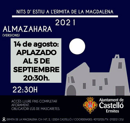 Concierto de Almazahara aplazado al 5 de septiembre en la ermita de la Magdalena Concierto de Almazahara aplazado al 5 de septiembre en la ermita de la Magdalena