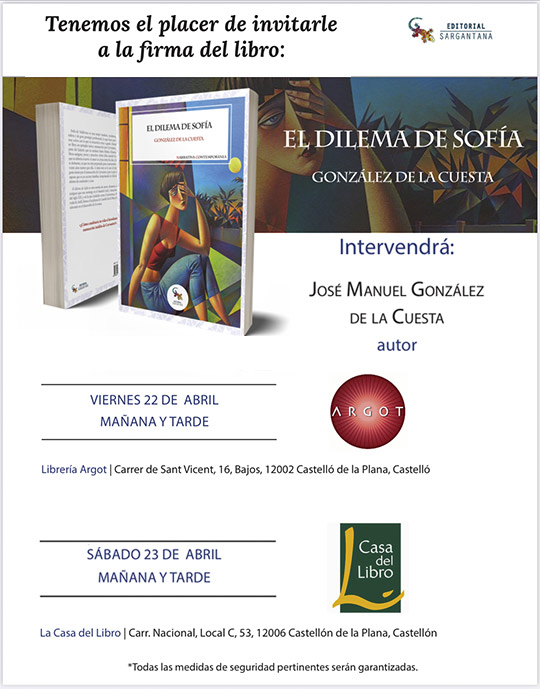 González de la Cuesta firmará ejemplares de su última novela ´El dilema de Sofía´ en dos librerías de Castellón