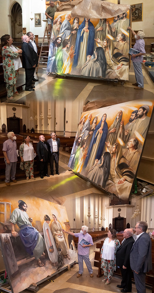 La colocación de los dos últimos cuadros de Traver Calzada completa el retablo de Santa María financiado por la Diputación de Castellón