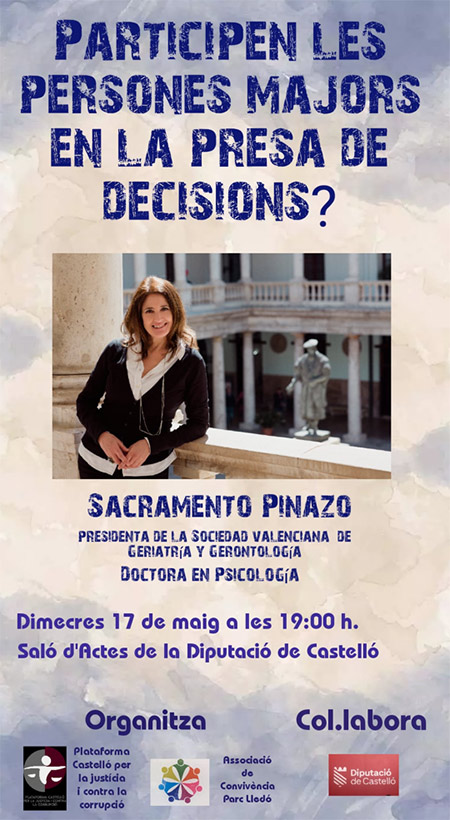 La profesora Sacramento Pinazo-Hernandis disertará en la Diputación de Castellón sobre si las personas mayores participan o no de la toma decisiones