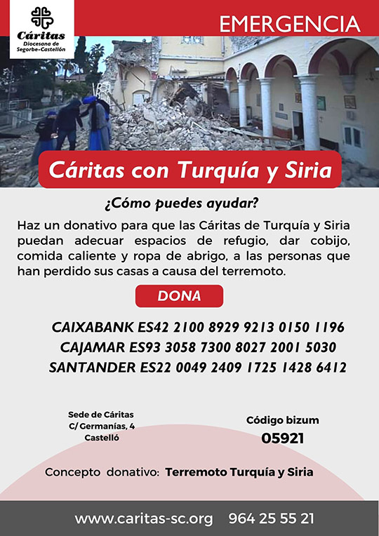 Cáritas Diocesana de Segorbe-Castellón envía los primeros 25.000€ para el terremoto de Turquía y Siria