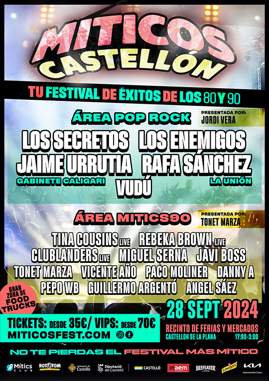 La fiesta pop-rock de los 80 y 90 de Míticos Castellón palpitará el 28 de septiembre con un elenco de 17 artistas liderado por Los Secretos 