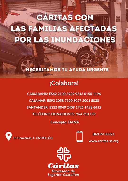 Cáritas Diocesana de Segorbe-Castellón se solidariza con las personas y familias afectadas por las graves inundaciones