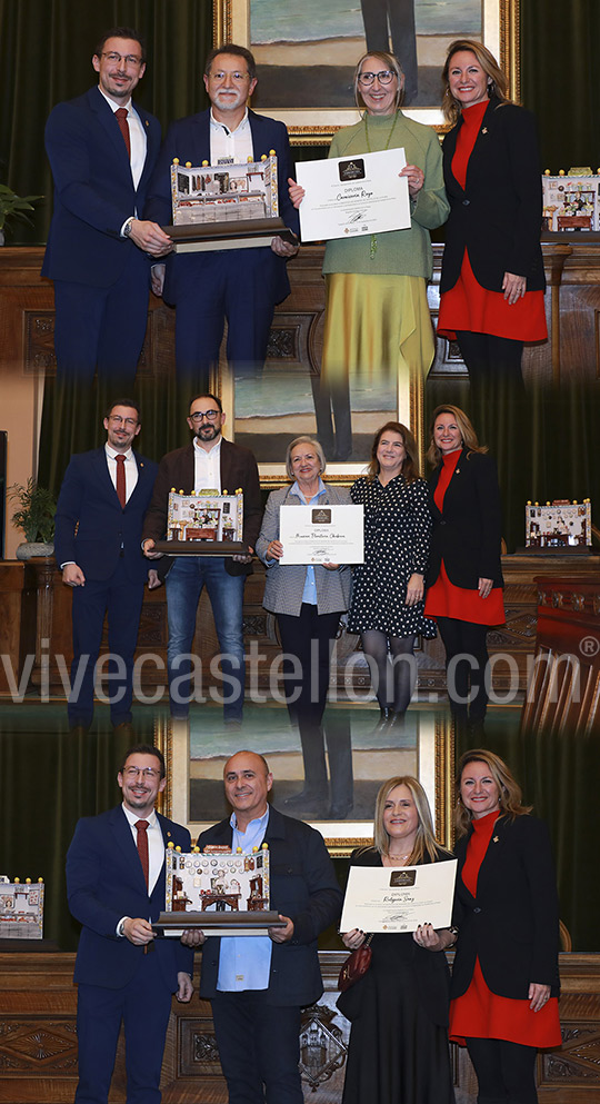 El Ayuntamiento de Castellón reconoce la trayectoria de Carnicería Royo, Muscari Floristería Chabrera y Relojería Sanz en la Gala de Comercios Veteranos 2024