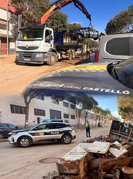 Voluntarios de la Policía Local de Castellón colaboran hoy en Aldaia en las tareas para restablecer la normalidad tras la DANA