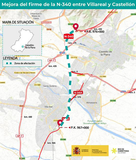 Transportes inicia trabajos de mejora en la carretera N-340, entre Villarreal y Castellón, valorados en más de 1,6 millones de euros