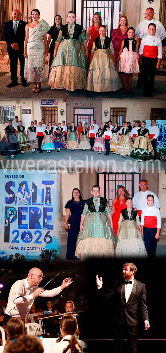 Claudia Albert Giner y María Safont Fallán, proclamadas reinas de las Fiestas de Sant Pere 2026, junto al presidente infantil Miguel Ramírez León, ante cerca de 1.800 personas