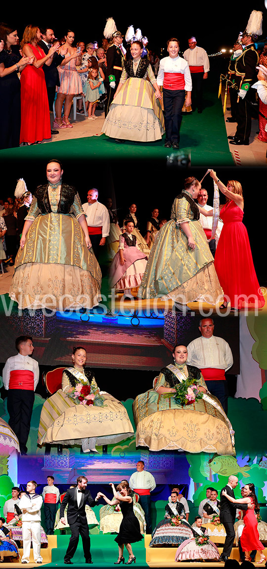 Claudia Albert Giner y María Safont Fallán, proclamadas reinas de las Fiestas de Sant Pere 2026, junto al presidente infantil Miguel Ramírez León, ante cerca de 1.800 personas