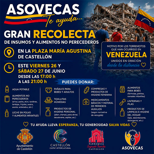El Ayuntamiento y ASOVECAS organizan una recolecta solidaria de alimentos destinada a los afectados por los terremotos en Venezuela 