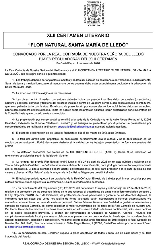 Ampliar imagen bases XLII Certamen Literario Flor Natural Santa María del Lledó
