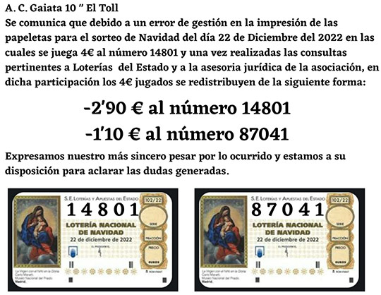 Comunicado sobre la lotería de la Gaiata 10 El Toll