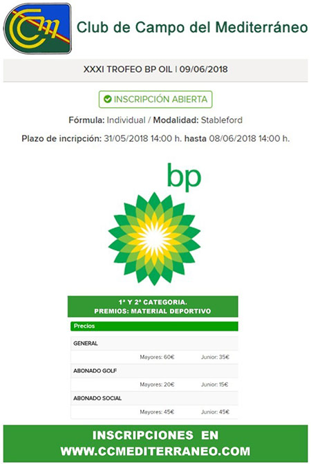 XXXI Trofeo Golf BP OIL, sábado 9 de junio. Abierta Inscripción XXXI Trofeo Golf BP OIL, sábado 9 de junio. Abierta Inscripción