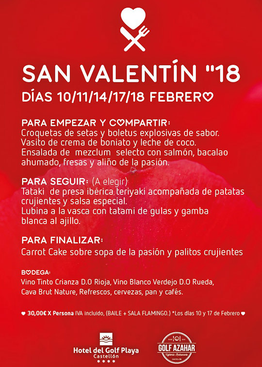 Menú San Valentín en el restaurante Hotel del Golf Playa Menú San Valentín en el restaurante Hotel del Golf Playa