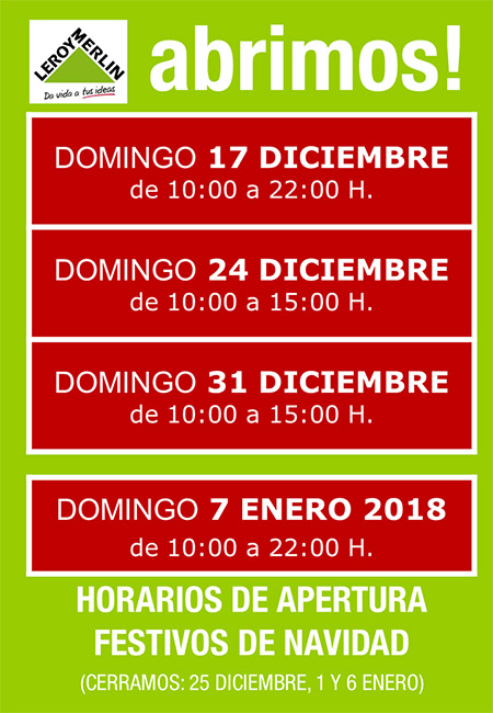 Horarios de apertura y festivos de navidad de Leroy Merlín Castellón