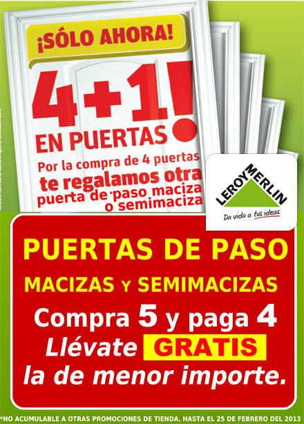 Promoción 4 + 1 de puertas de paso en Leroy Merlín