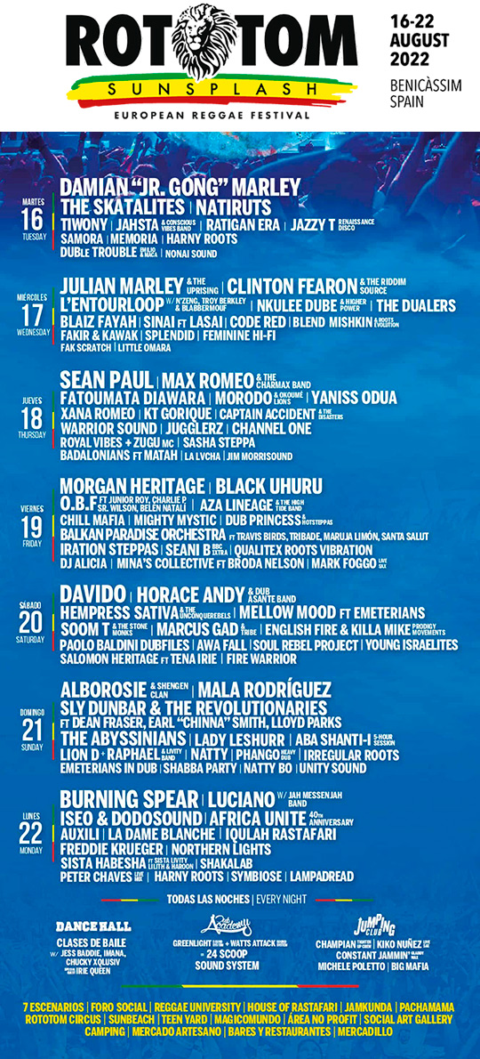 Cartel del festival Rototom Sunsplash 2022 Cartel del festival Rototom Sunsplash 2022