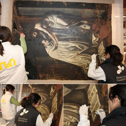 El taller de restauración de la Fundación Blasco de Alagon trabaja en la restauración del lienzo de Tronchón El taller de restauración de la Fundación Blasco de Alagon trabaja en la restauración del lienzo de Tronchón