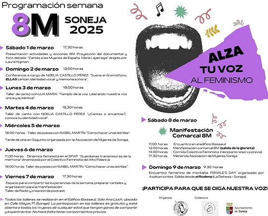 Soneja se vuelca con la igualdad e impulsa un programa lleno de actividades con motivo del 8M bajo el lema ‘Alza la voz al feminismo’