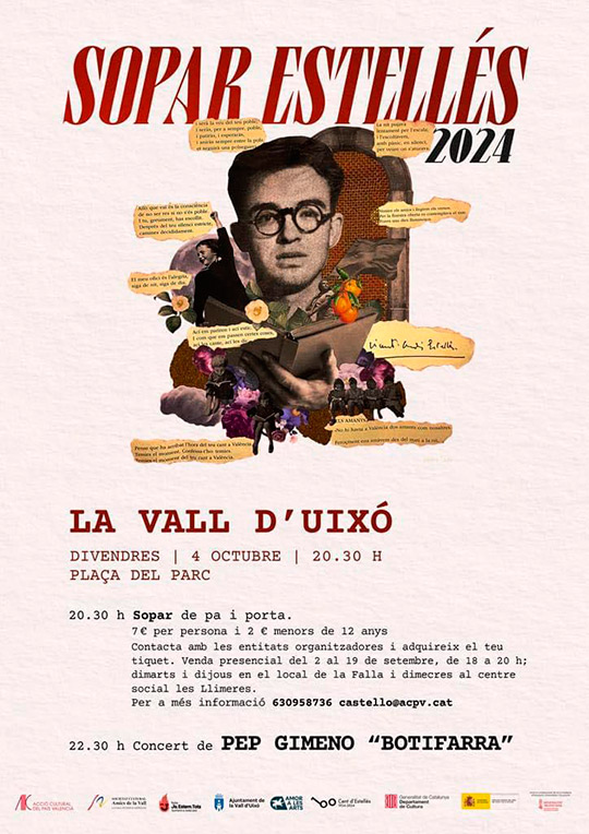 La Vall d’Uixó celebra l’Any Estellés con una cena de paiporta y el concierto de Pep Gimeno Botifarra 