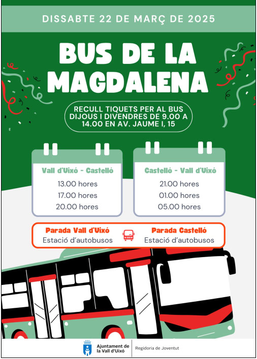 El Ayuntamiento de la Vall d’Uixó activa un servicio de autobús gratuito a la Magdalena el 22 de marzo 