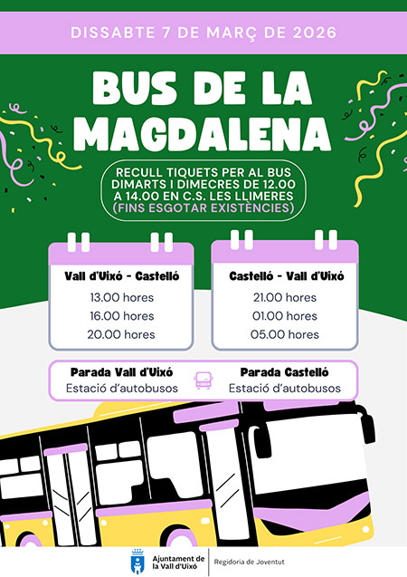 L’Ajuntament de la Vall d’Uixó posa en marxa un servei especial d’autobús per al Dia del Pregó de la Magdalena L’Ajuntament de la Vall d’Uixó posa en marxa un servei especial d’autobús per al Dia del Pregó de la Magdalena