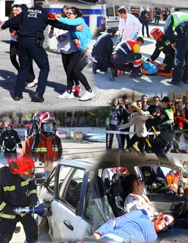 Espectacular simulacro de accidente con 75 participantes, policia local, bomberos y emergencias sanitarias