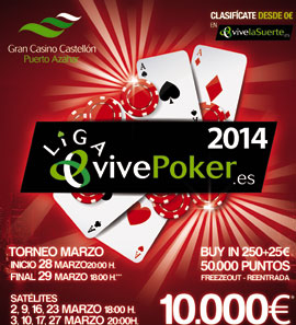 La III etapa de la VIVEPOKER cierra el calendario de marzo del GRAN CASINO CASTELLÓN