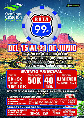 El Torneo Ruta 99€ vuelve esta semana al Gran Casino Castellón