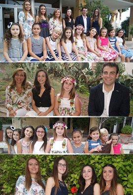 La Reina y Reina infantil de Benicàssim, junto a sus Damas posan en un reportaje fotográfico antes de las fiestas